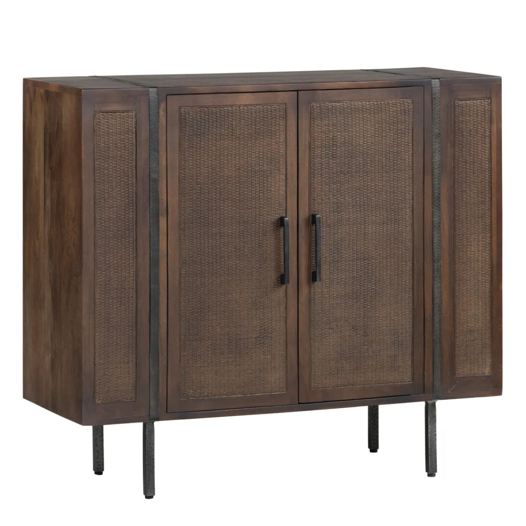 Rustic Wood and Cane Two-Door Cabinet