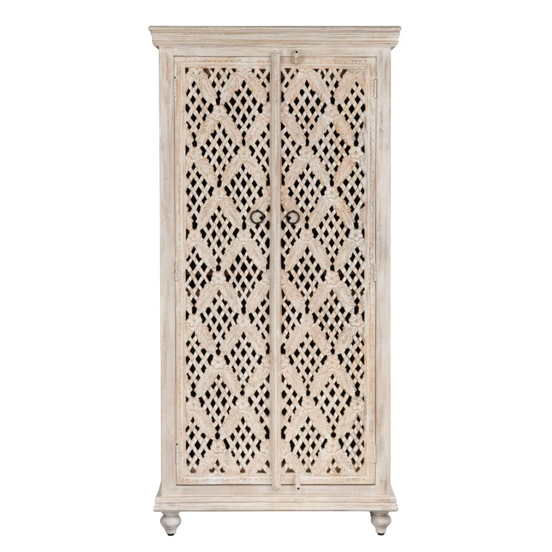 Transitional White Cane Two-Door Cabinet