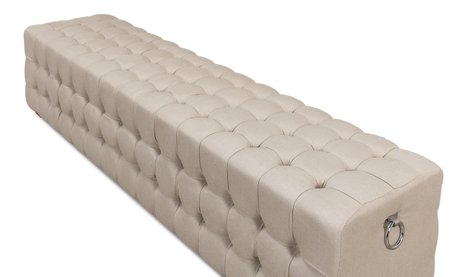 Beige Tufted Linen Ottoman Bench