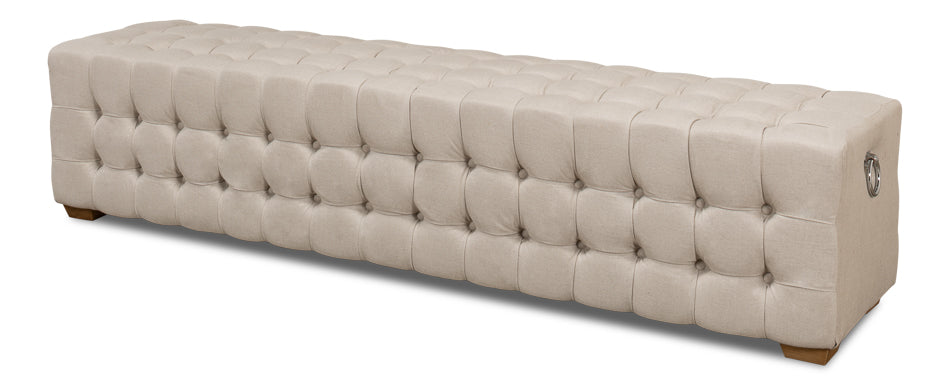 Beige Tufted Linen Ottoman Bench