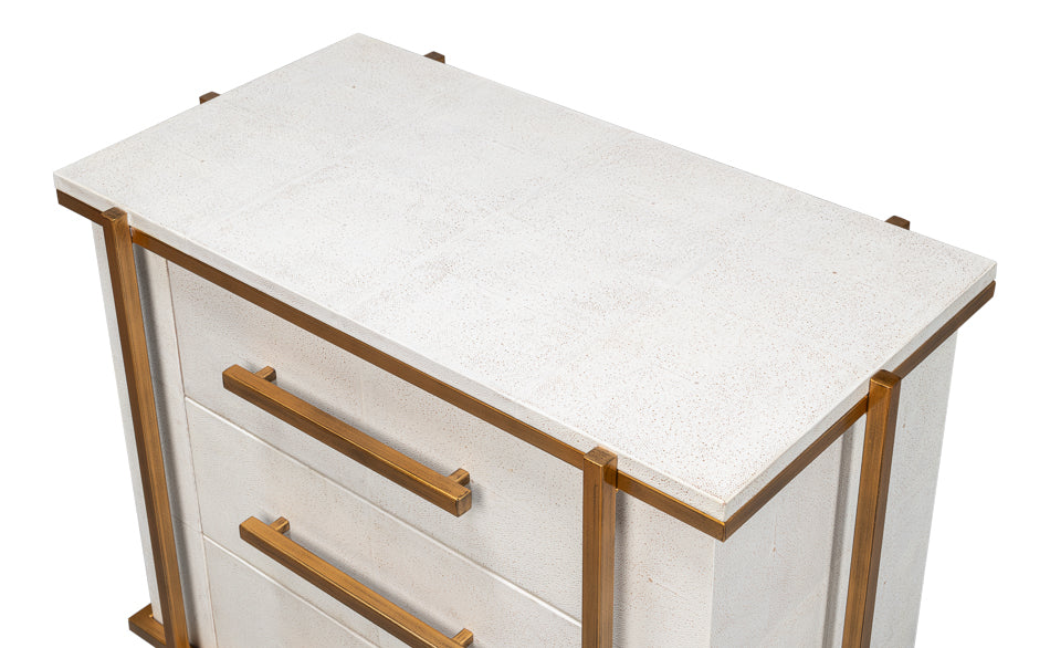 Gold Framed White Shagreen Leather Nightstand