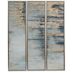 Abstract Blue Gold Water Ripples Wall Art - Set of 3
