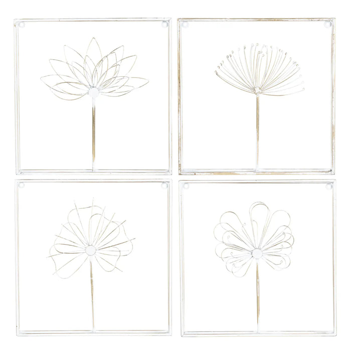 Minimalist Floral White Wire Crafted Wall Art, Set of 4