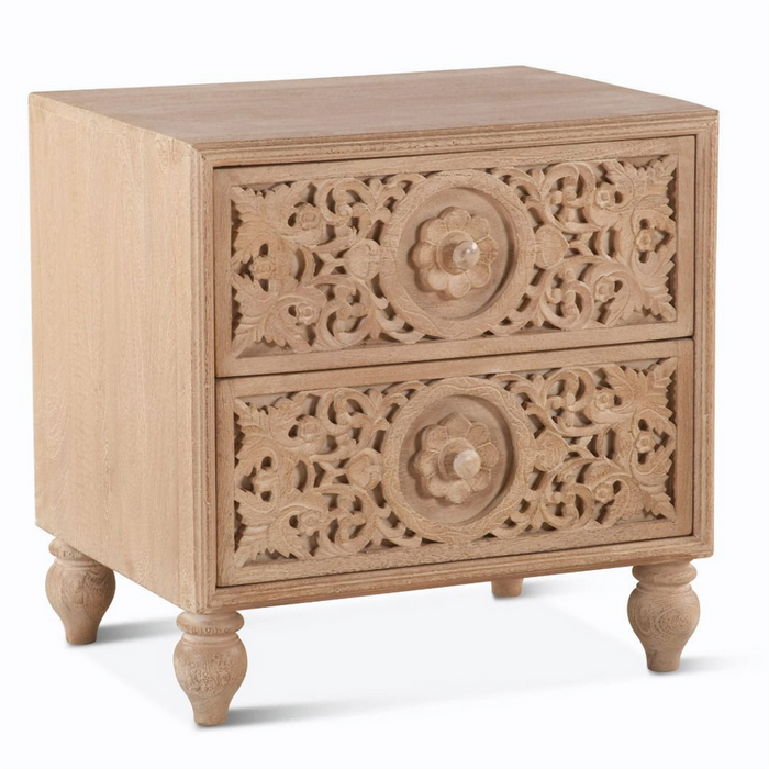 Natural Ornately Carved Bohemian Nightstand