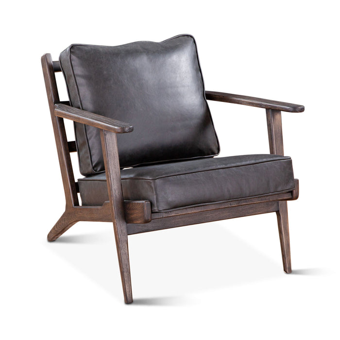 Black Leather Arm Chair with Dark Wood Arms