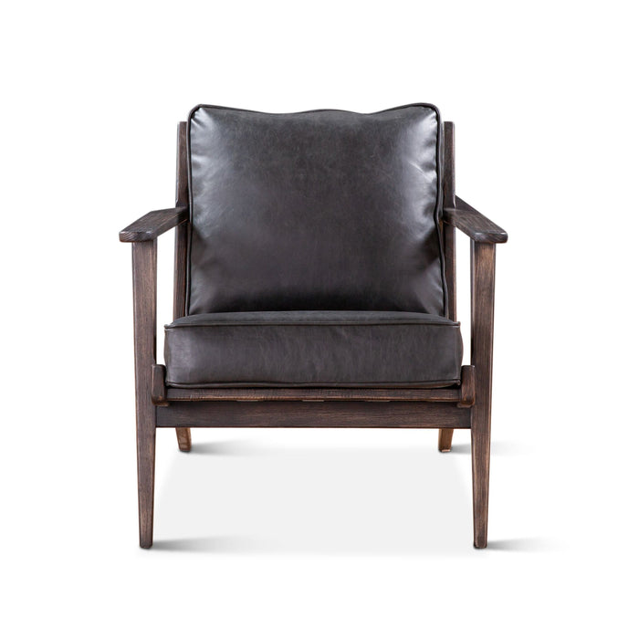 Black Leather Arm Chair with Dark Wood Arms