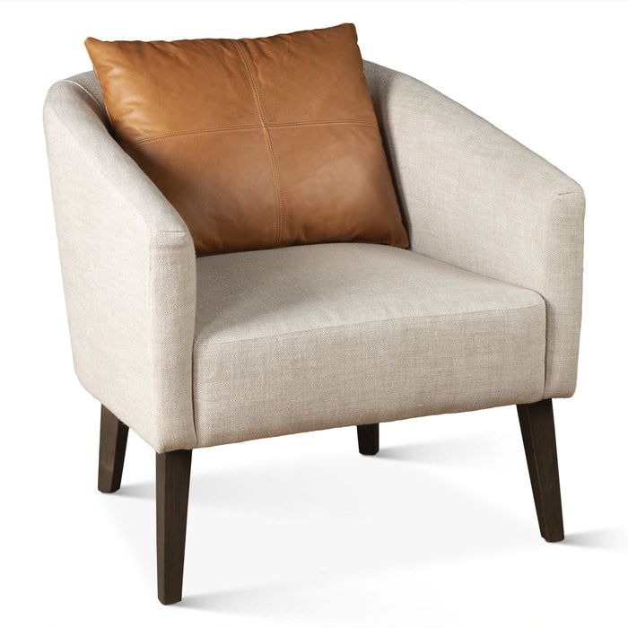 Beige Linen Accent Chair with Tan Leather Pillow