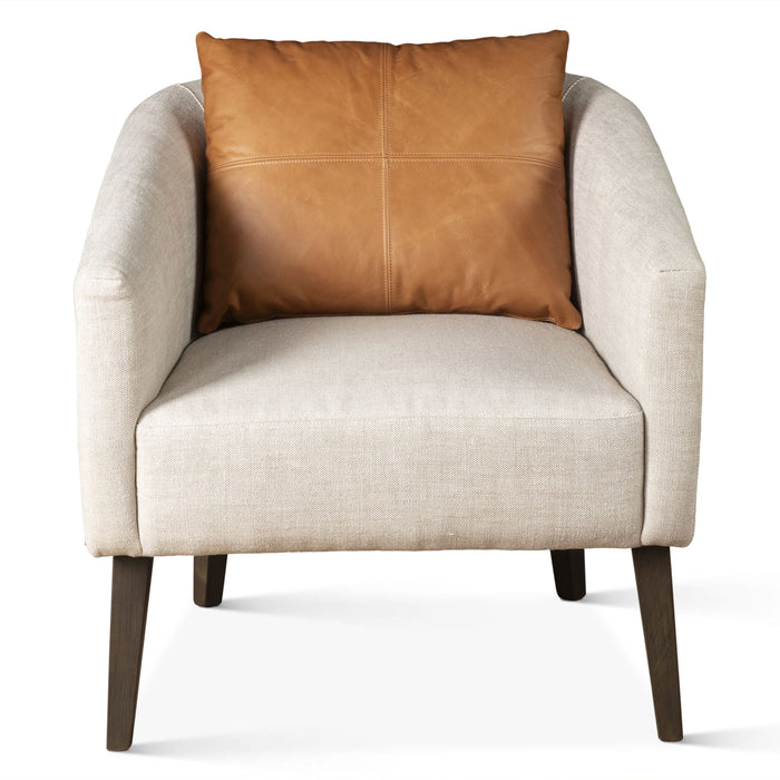 Beige Linen Accent Chair with Tan Leather Pillow