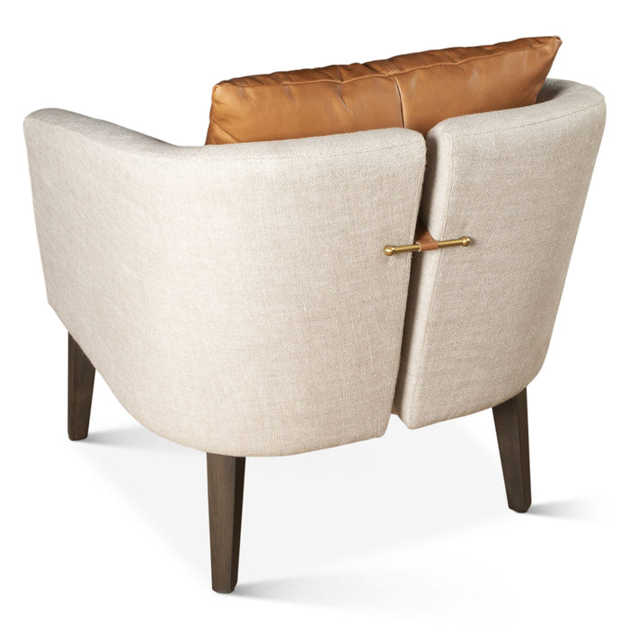 Beige Linen Accent Chair with Tan Leather Pillow