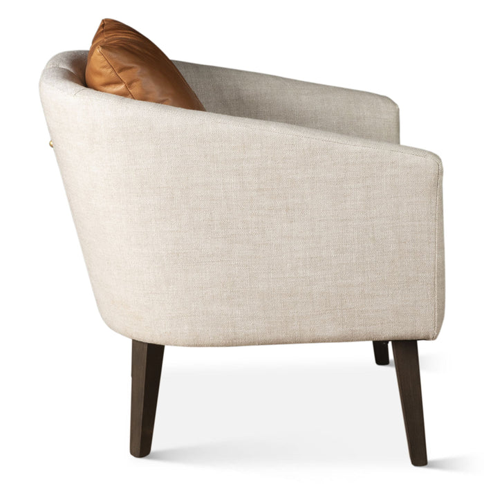 Beige Linen Accent Chair with Tan Leather Pillow