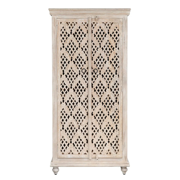 Transitional White Cane Two-Door Cabinet