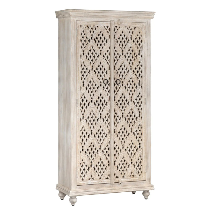 Transitional White Cane Two-Door Cabinet