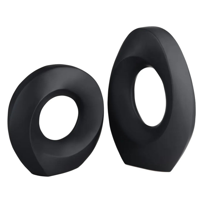 Modern Black Round Ceramic Sculptures- Set of 2