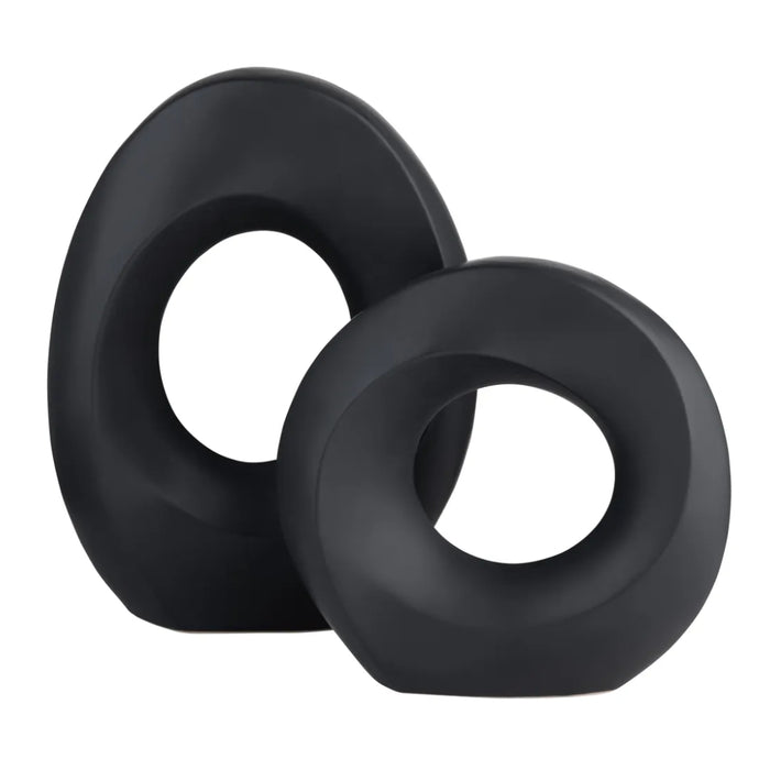 Modern Black Round Ceramic Sculptures- Set of 2