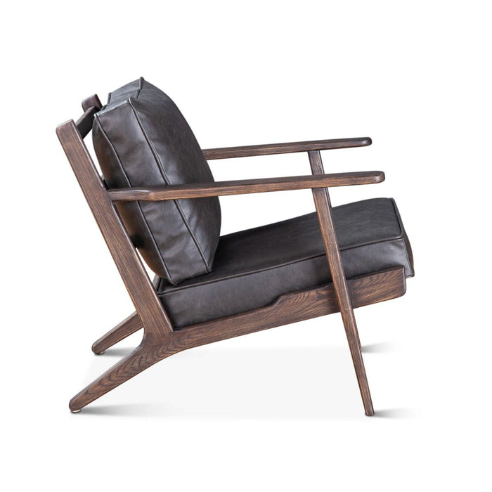 Black Leather Arm Chair with Dark Wood Arms